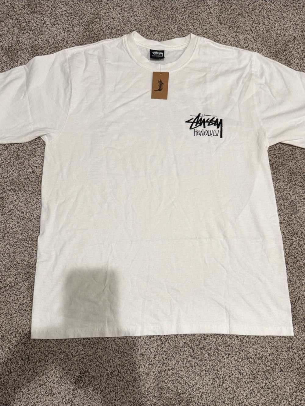 Stussy White Short-Sleeve T-Shirt with Black Honolulu Logo